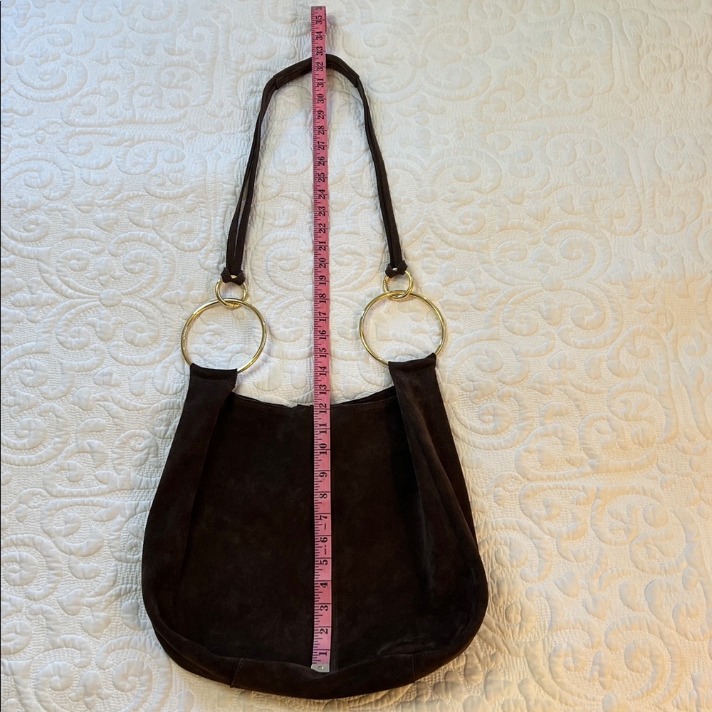 Claudia Firenze Suede Crossbody Slouchy Hobo Tote Bag Chocolate Brown Gold Ring - Picture 16 of 16